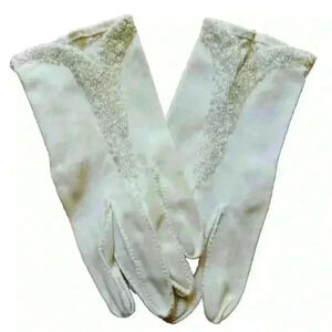 Vintage Womens White‎ Cotton Gloves W/ Beads  Hand Stitched Size Small